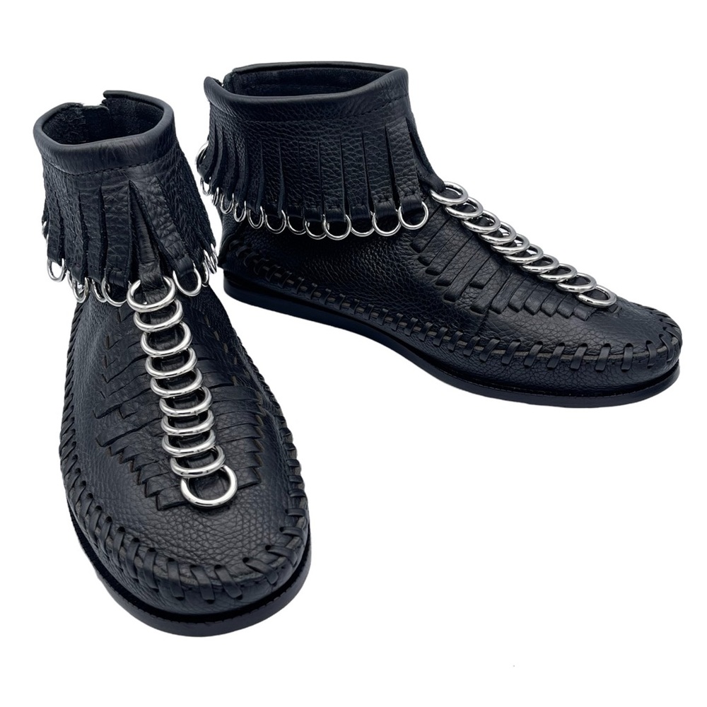 ✨🎉HP🎉✨ ALEXANDER WANG ‘Montana’ Black Leather Moccasin Fringe Boots | 38.5/8.5 - Picture 1 of 15